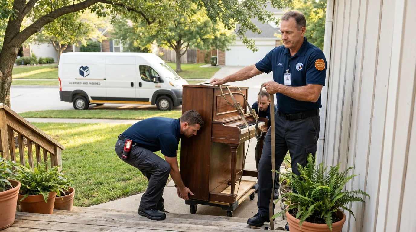Licensed piano movers securing grand piano in Elgin, SC