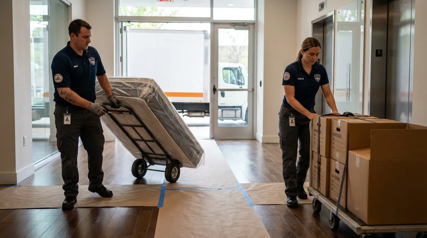 Professional apartment movers loading elevator in Elgin, SC